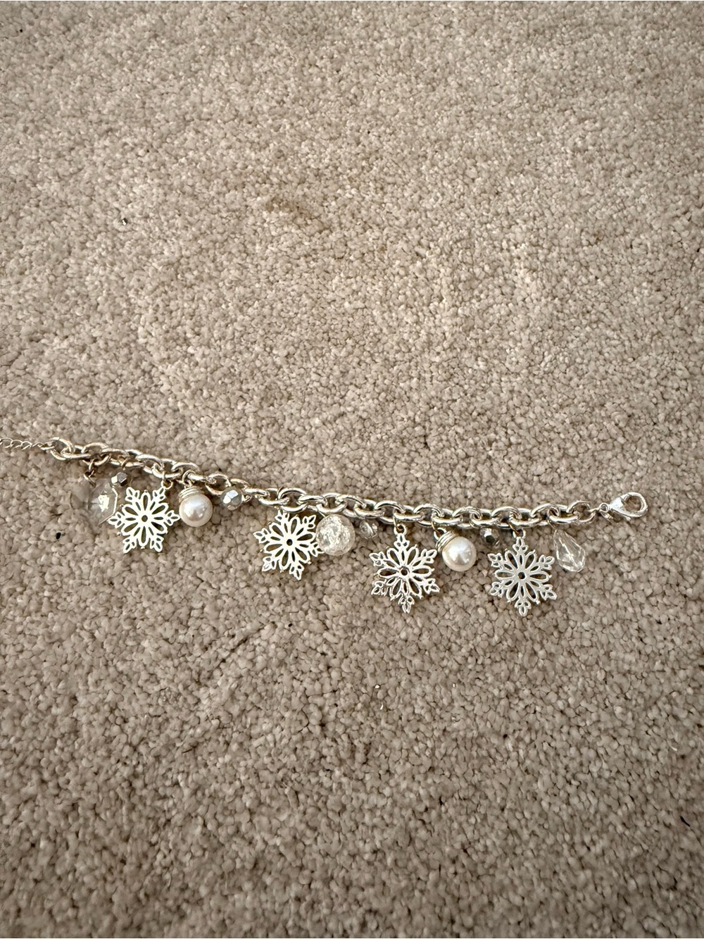 Silver Snowflake Charm Bracelet with Pearl and Crystal Accents